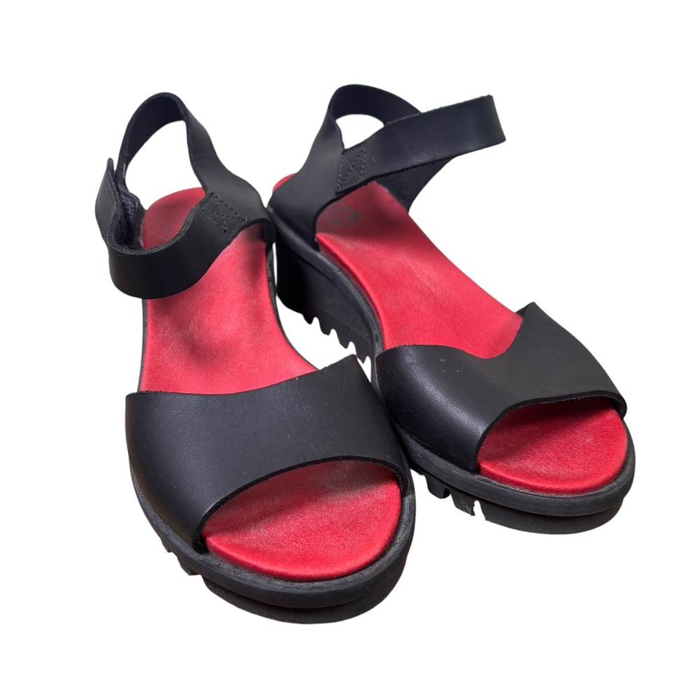 Loints of Holland Black Red Leather Wedge Sandals European 37 Adjustable Strap